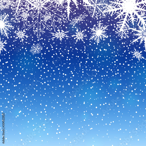 Winter background with snowflakes on blue. Vector illustration