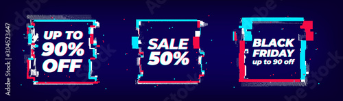 Glitch sale banner set, square shapes with glitch effect. Big cyber sale colored abstract vector illustration mock up, black friday template for web design, print, advertising.