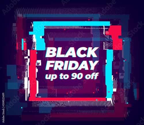 Big sale banner with glitch effect. Vector distorted square shape with stereo effect. Glitched poster with neon colors for web shopping, print, advertising.