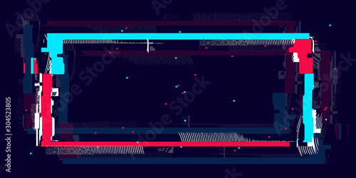Glitch rectangle frame in neon color. Distorted shape with glitch effect and empty place for promo, advertising, print and web. Vector illustration.