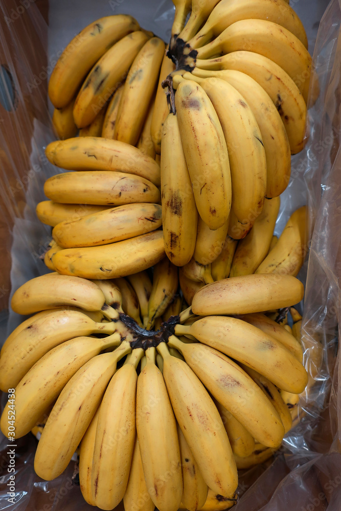 Ripe yellow mini bananas in a cardboard box on the market. Ripe yellow mini bananas in a cardboard box on the market.