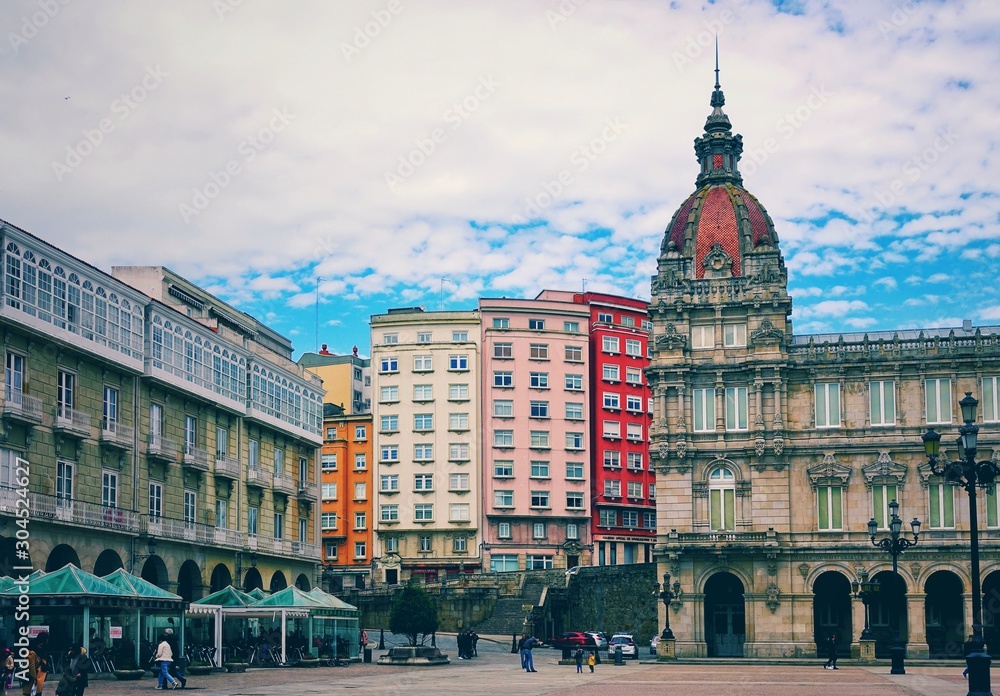 Beautiful view of the Town Hall located on Maria Pita Square in A Coruña, Galicia, Spain.