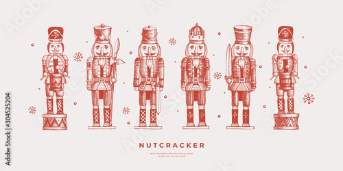 Collection of Nutcracker soldiers. Traditional wooden toys in engraving style. Retro decor for the Christmas holiday. Happy New Year vacations. Vector seasonal illustration.