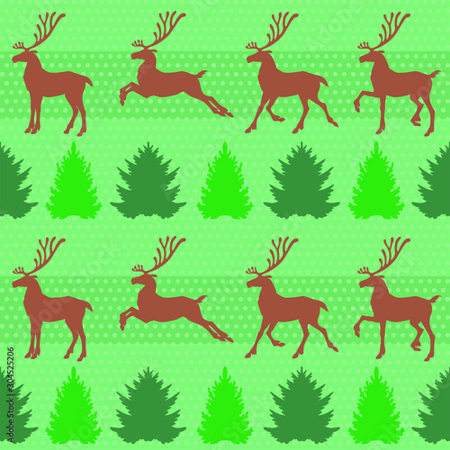 Vector illustrations of Christmas pattern seamless with deer  fir and pine