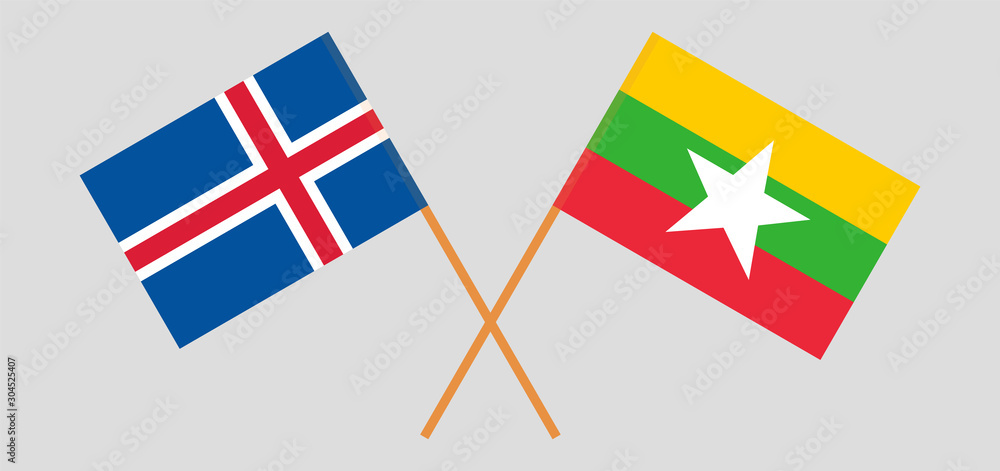 Crossed flags of Myanmar and Iceland. Official colors. Correct proportion. Vector illustration