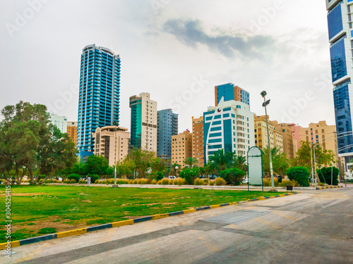 beautiful clean and growing city and skyscrapers of middle east with blue sky