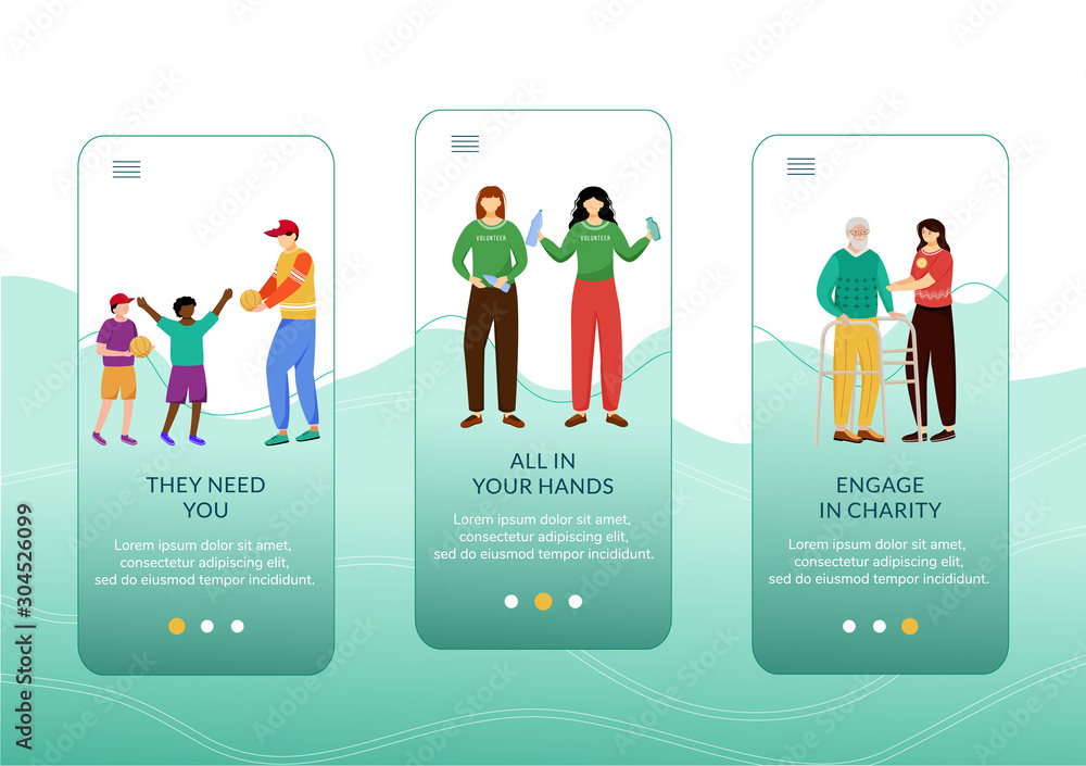 Charity activities onboarding mobile app screen vector template ...