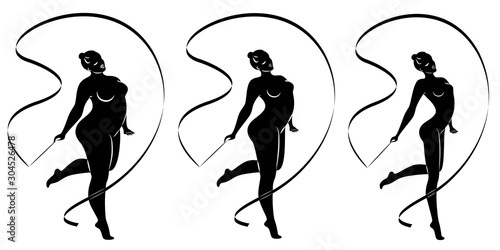 Collection. Silhouette of a cute lady, she is engaged in rhythmic gymnastics with a ribbon. The woman is overweight. Slender girl athlete. Vector illustration set