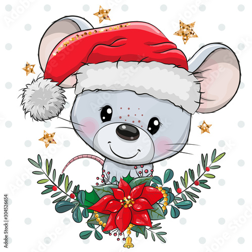 Cartoon mouse in Santa hat with christmas wreath
