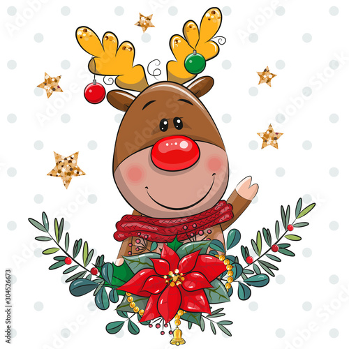 Cartoon Deer with Christmas wreath