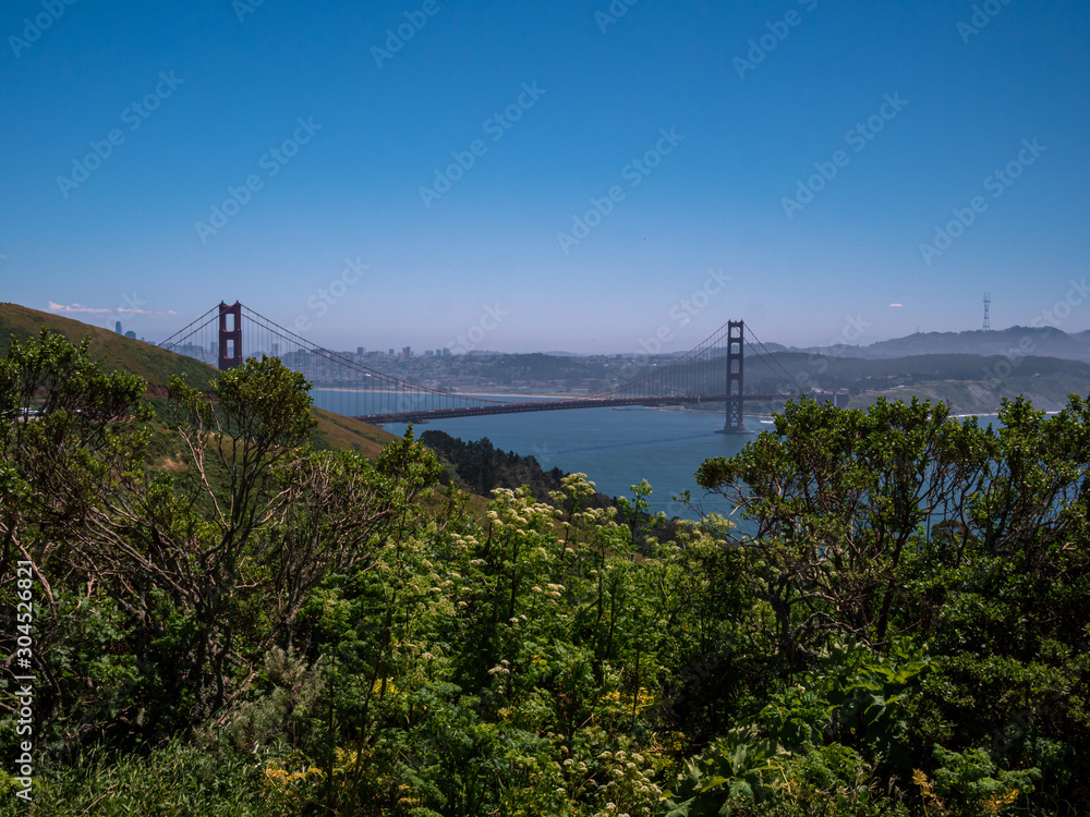 View from the San Francisco Park to the Red Golden Gate Bridge