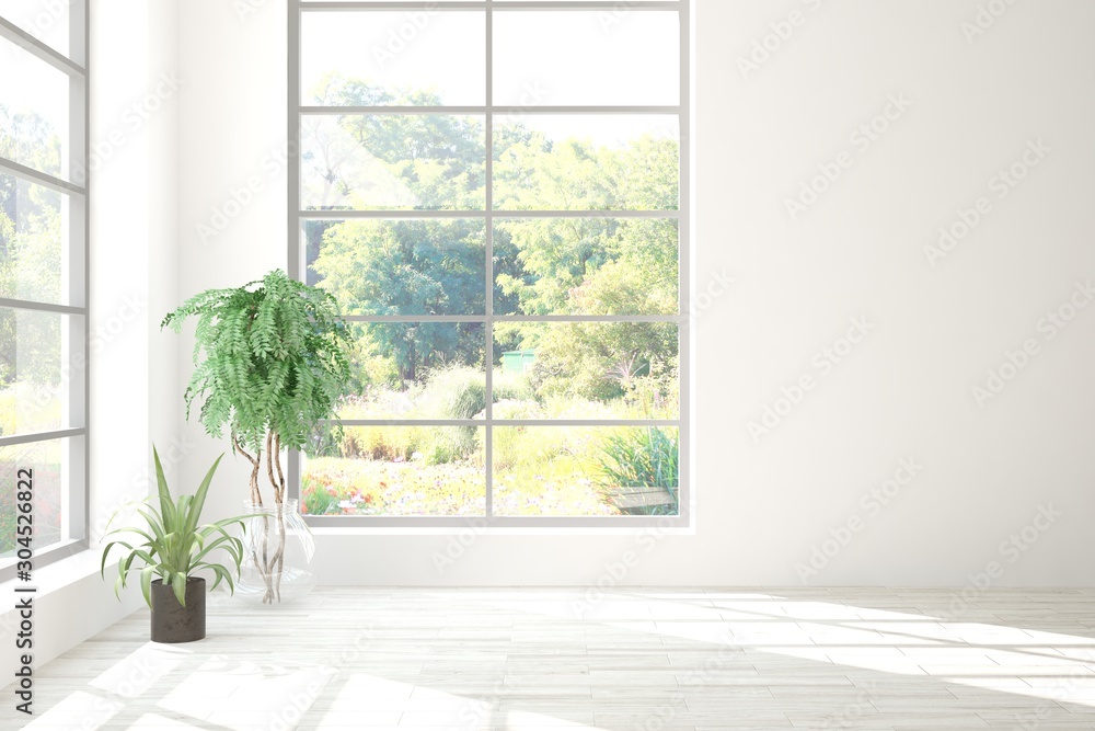 Stylish empty room in white color with summer landscape in window. Scandinavian interior design. 3D illustration Stylish empty room in white color with summer landscape in window. Scandinavian interior design. 3D illustration