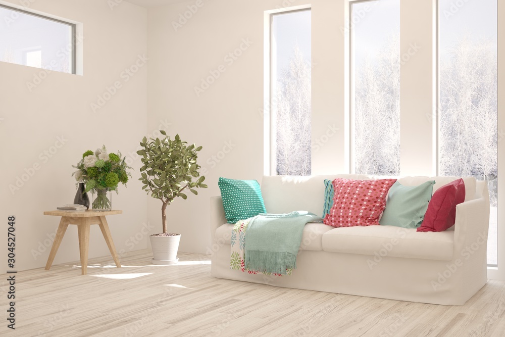 Stylish room in white color with sofa and winter landscape in window. Scandinavian interior design. 3D illustration