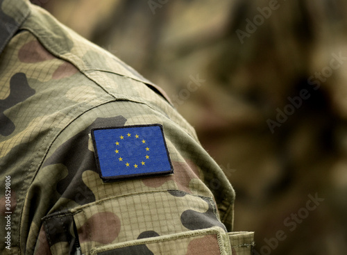 The Flag of Europe on military uniform. Collage. photo