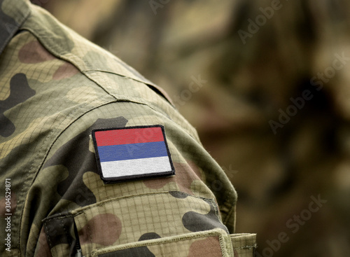 Flag of Republika Srpska on military uniform. Army, armed forces, soldiers. Collage.