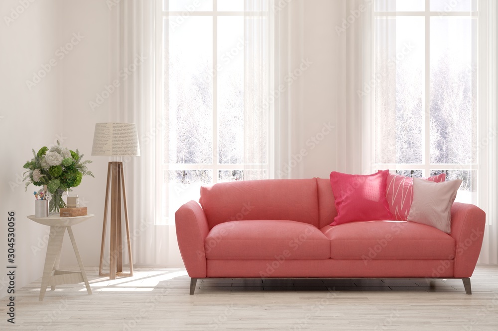 Stylish room in white color with pink sofa. Scandinavian interior design. 3D illustration Stylish room in white color with pink sofa. Scandinavian interior design. 3D illustration
