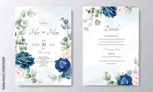 wedding invitation card template set with beautiful floral leaves