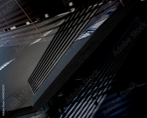 Generic architectural elements. Collage of modern office architecture in darkness. Grunge structure of building interior with pitched ceiling and metal balustrade of staircase.