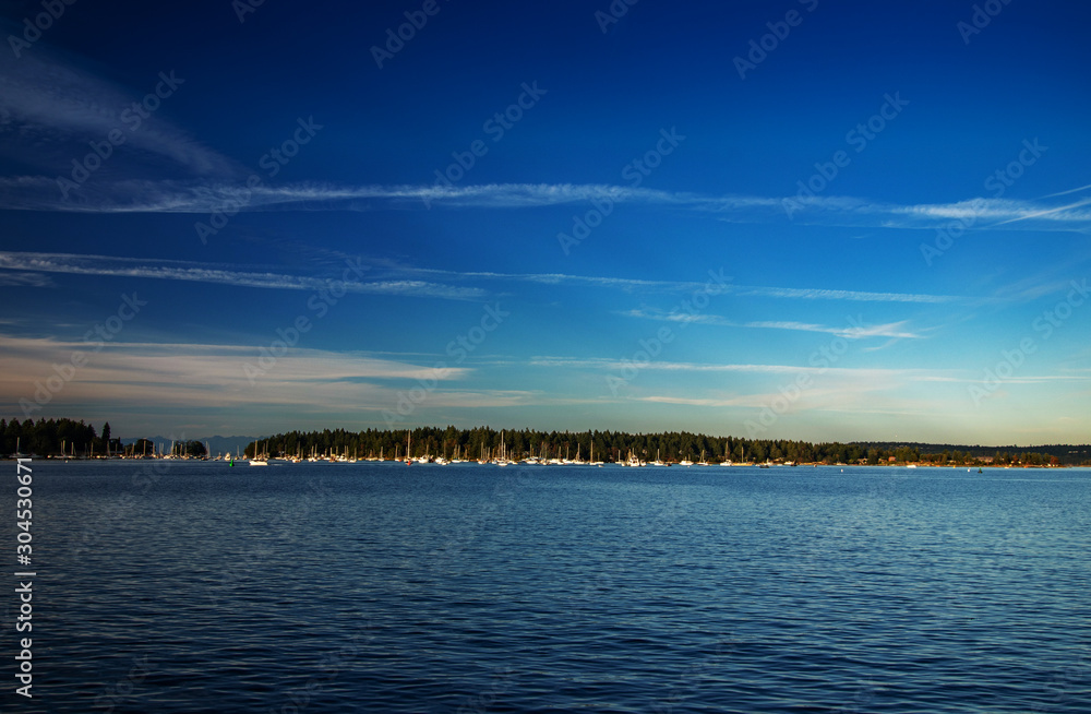 Water, sky, land and boats in Nanaimo, BC, Canada