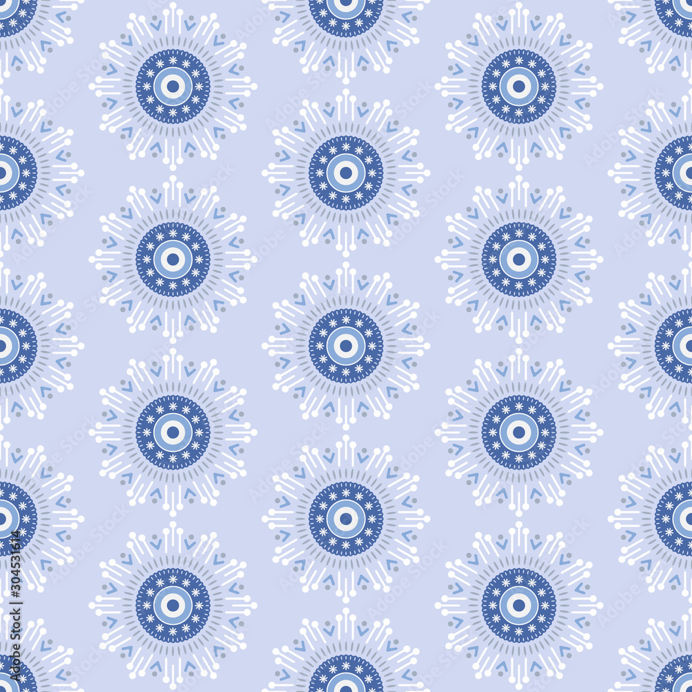 Abstract snowflakes seamless pattern. Winter ornament on blue background.