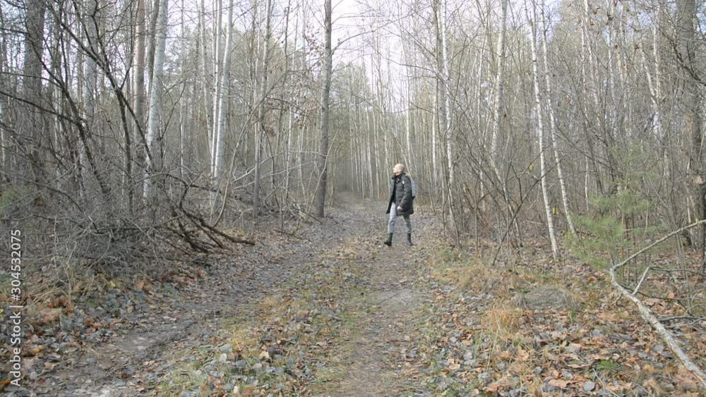 Hiker hiking in autumn forest Hiker hiking in autumn forest