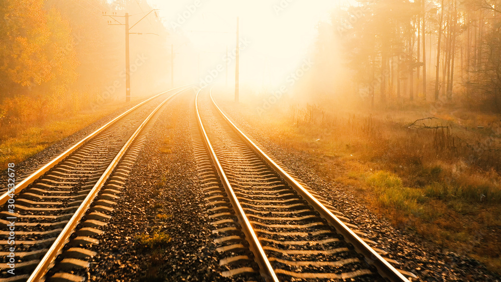 Railway in autumn blurred forest at dawn Railway in autumn blurred forest at dawn
