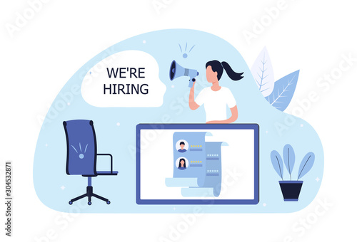 Concept hiring business staff recruitment, human resources. A woman with a handheld megaphone says we're hiring, selects a resume. Vector flat illustration for social media, landing page, ui, web.