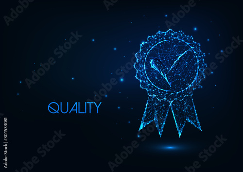 Futuristic premium quality concept with glowing low polygonal approved medal icon.