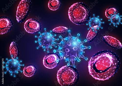 Futuristic viral infection with glow low poly influenza virus cells and erythrocytes in blood stream