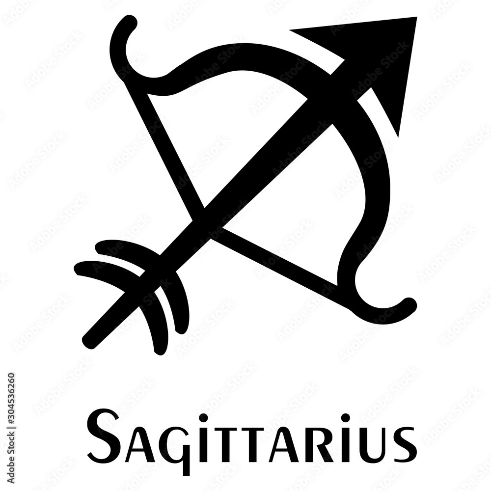Arrow and Bow, Sign of Sagittarius. Logo. Silhouette image. Arrow and Bow, Sign of Sagittarius. Logo. Silhouette image.