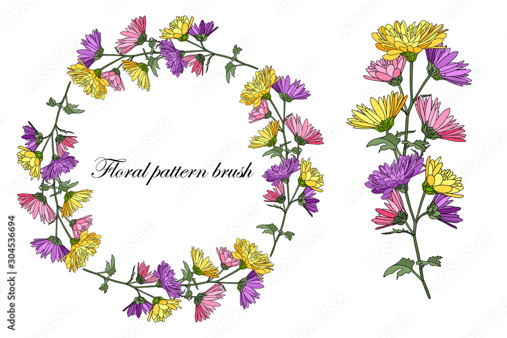 Floral patterned brush. Vector spring, summer illustration. Branch with blooming bright chrysanthemums, hand-drawn. Flower design for decoration for wedding, birthdays. Floral patterned brush. Vector spring, summer illustration. Branch with blooming bright chrysanthemums, hand-drawn. Flower design for decoration for wedding, birthdays.