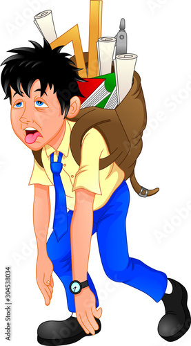 school boy carrying heavy school bag on white background