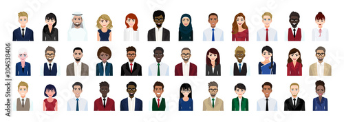 Business people cartoon character head collection set. Businessmen and businesswomen in office style on white background. Flat vector illustration