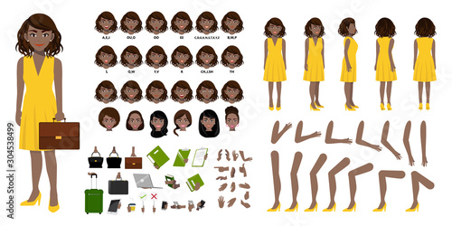 African American Businesswoman cartoon character creation set with various views, hairstyles, face emotions, lip sync and poses. Parts of body template for design work and animation.