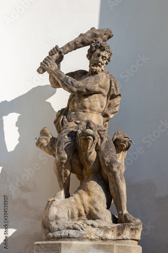 PRAGUE, CZECH REPUBLIC - OCTOBER 12, 2018: The statue of Hercules (fountain) in atrium of Ledeburska garden under the Castle from year 1787.