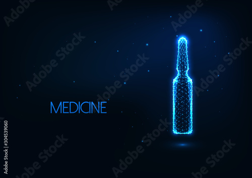 Futuristic medical treatment concept with glowing low poly glass ampoule with liquid medications photo