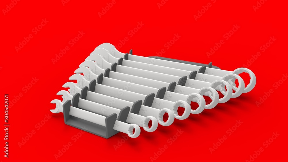 3d rendering of a set of wrenches isolated in studio background 3d rendering of a set of wrenches isolated in studio background