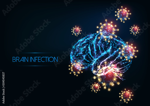 Futuristic glowing low polygonal brain infection meningitis, encephalitis concept with