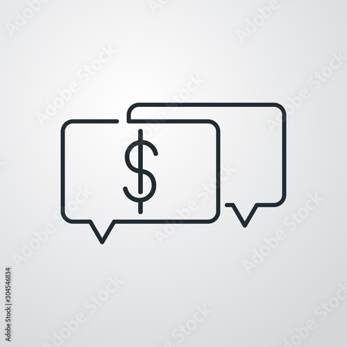 Logotipo aviso de pago. Icono plano lineal dolar en burbuja habla en fondo gris