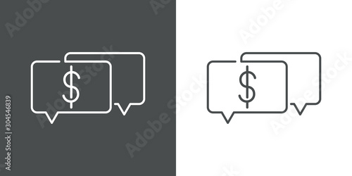 Logotipo aviso de pago. Icono plano lineal dolar en burbuja habla en fondo gris y fondo blanco