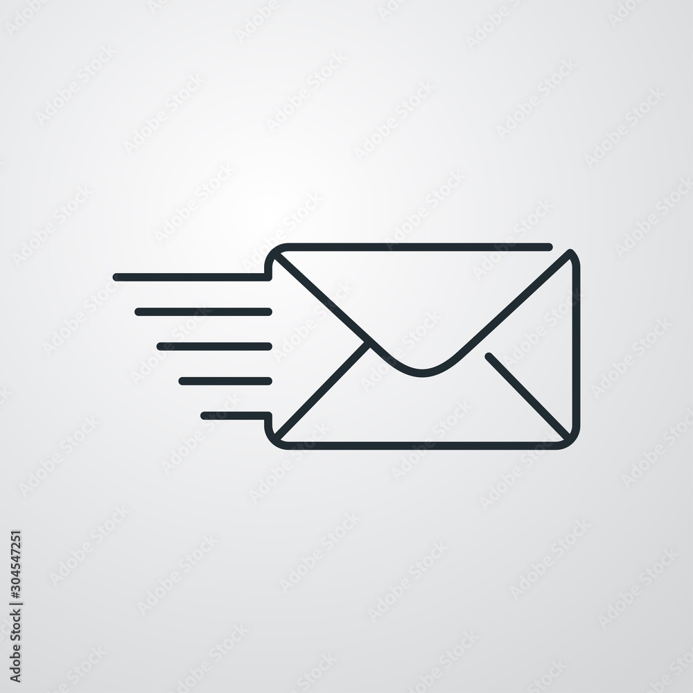 Icono plano lineal símbolo mandar mensaje con sobre con velocidad en fondo gris Icono plano lineal símbolo mandar mensaje con sobre con velocidad en fondo gris