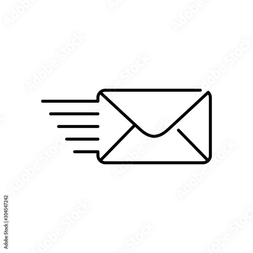 Icono plano lineal símbolo mandar mensaje con sobre con velocidad en color negro