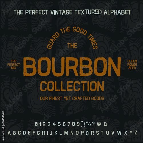 Vintage decorative font  "bourbon" with sample design. Good handcrafted western typeface in vintage style for labels, posters, greeting cards etc. Letters and numbers. Vector illustration