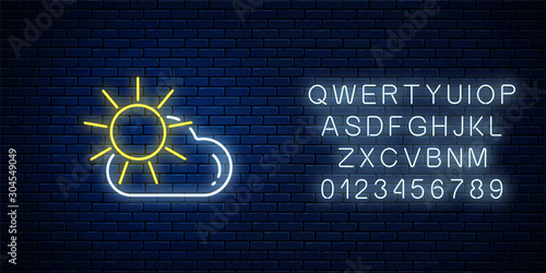 Glowing neon with sun and cloud weather icon with alphabet. Cloudy symbol with sunny in neon style to weather forecast