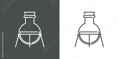 Símbolo laboratorio de química con icono lineal de probeta de cristal con soporte en fondo gris y fondo blanco