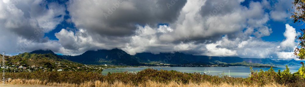 A marvelous day in tropical Hawaii with clouds before the midday rain.