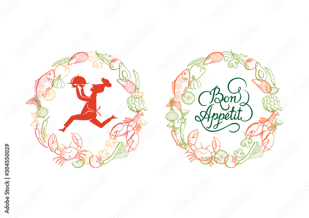 Vector hand drawn seafood and vegetable, cook and calligraphy. Food logo vector template. Vector hand drawn seafood and vegetable, cook and calligraphy. Food logo vector template.
