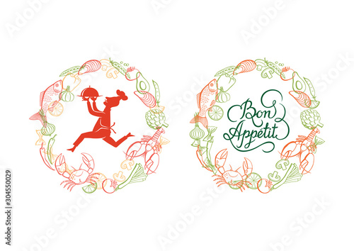 Vector hand drawn seafood and vegetable, cook and calligraphy. Food logo vector template.