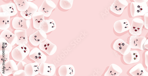 Marshmallow background. Tasty marshmallows on pink background. Candy texture.