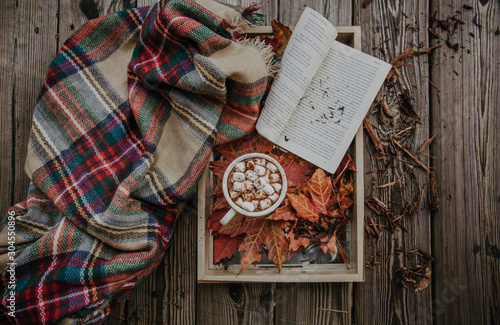 Hot chocolate on a fall background